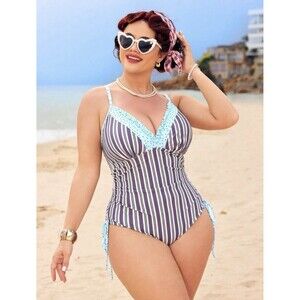 Vintage Style One Piece Striped V Neck Swimsuit Side Tie Sz 3X Ruffled Trim